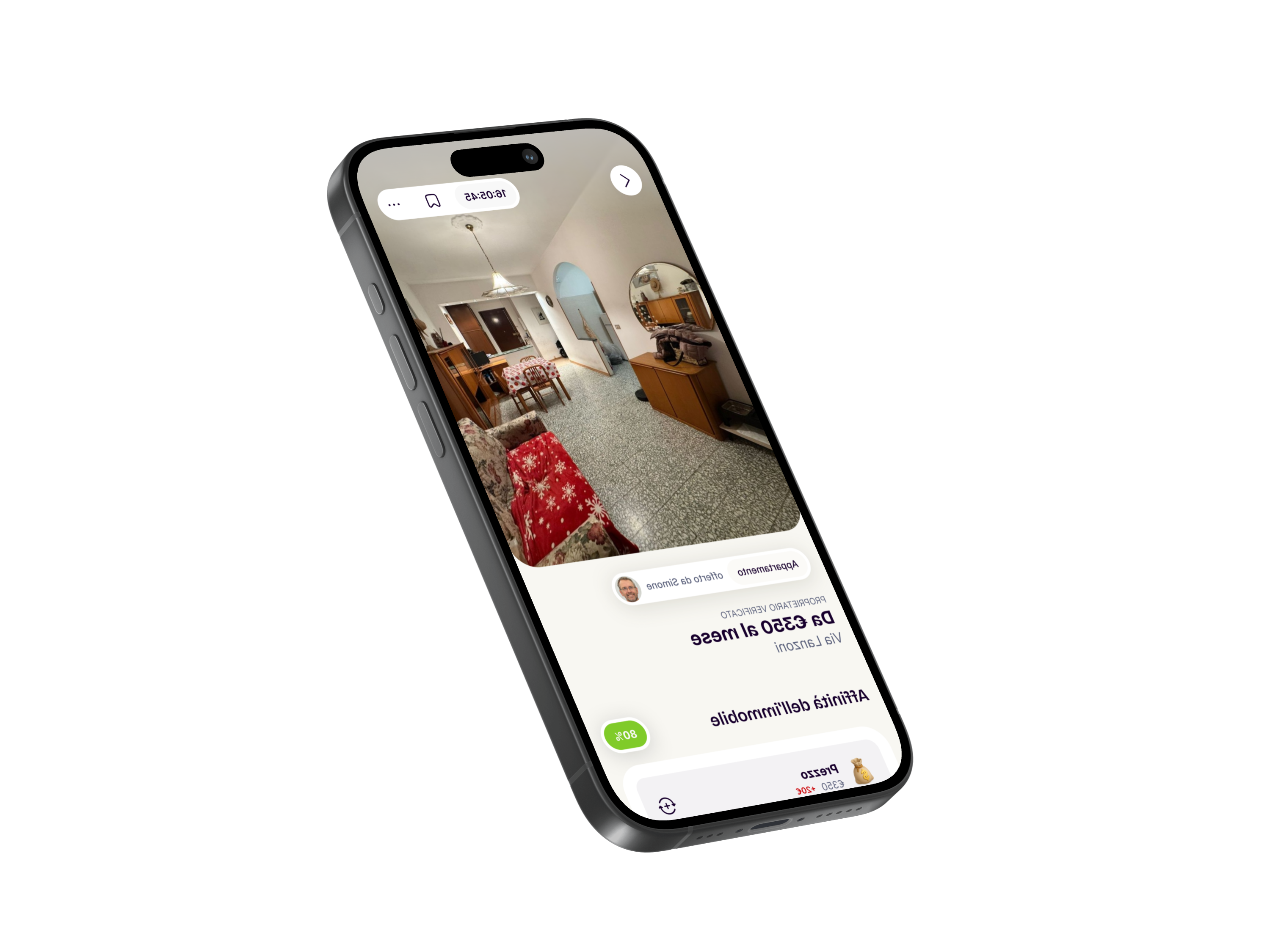 schermata dell'app di Hoomie che mostra un annuncio immobiliare, con costo e timer alla scadenza dell'annuncio