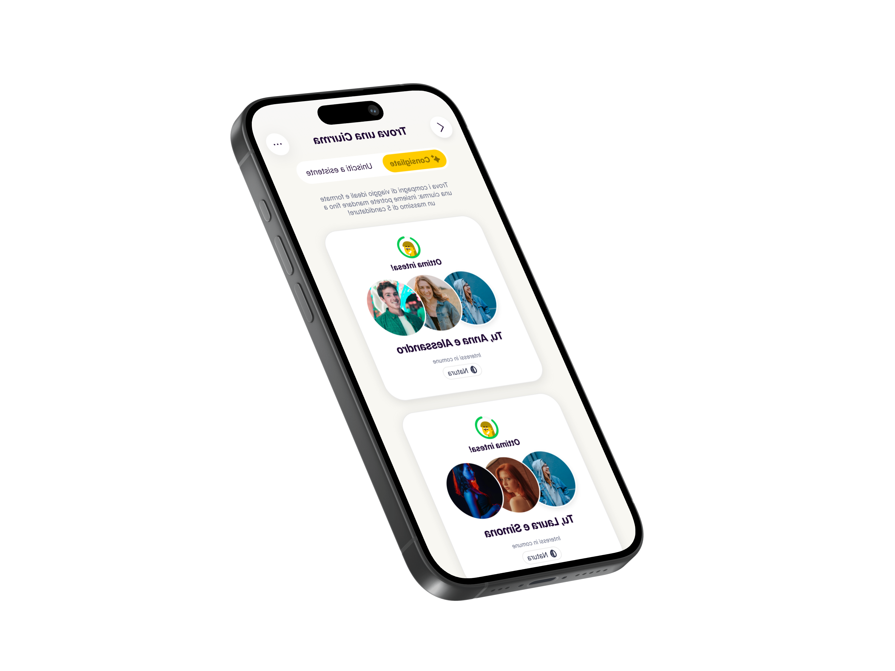 schermata dell'app di Hoomie che mostra gruppi di persone compatibili con cui prendere casa ordinate per affinità